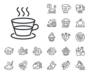 Hot drink sign. Crepe, sweet popcorn and salad outline icons. Coffee and Tea line icon. Fresh beverage symbol. Coffee cup line sign. Pasta spaghetti, fresh juice icon. Supply chain. Vector