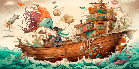 young adventurer sailing on a book-ship through a sea of ink and paper, with fantastical creatures swimming alongside.Generative AI