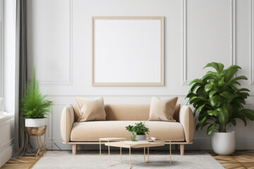 Fototapeta na wymiar Minimalist Living Room with Blank Horizontal Poster Frame and Natural Light