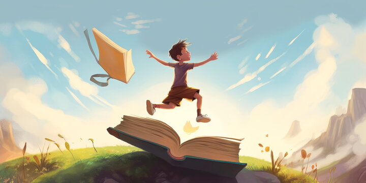 young boy leaping from one giant book to another, with each one leading him to a new world of magic and wonder. Generative AI