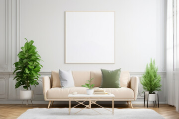 Scandinavian Living Room with Blank Horizontal Poster Frame and Minimalist Decor