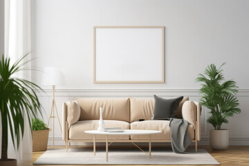 Scandinavian Living Room with Blank Horizontal Poster Frame and Minimalist Decor