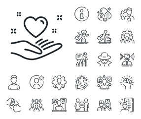 Friends love sign. Specialist, doctor and job competition outline icons. Hold heart line icon. Friendship hand symbol. Hold heart line sign. Avatar placeholder, spy headshot icon. Vector