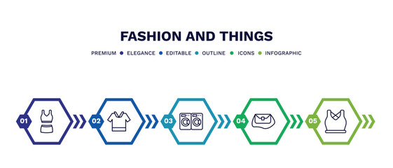 set of fashion and things thin line icons. fashion and things outline icons with infographic template. linear icons such as outfit, safety shirt, laundry zone, shoulder bag, gym clothes vector.