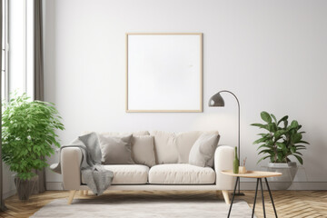 Modern Living Room with Blank Horizontal Poster Frame and Natural Elements