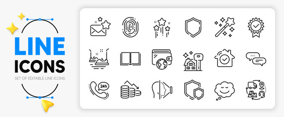 24h service, Wallet and Buying house line icons set for app include Face id, Stars, Speech bubble outline thin icon. Bumper cars, Fingerprint, Certificate pictogram icon. House security. Vector