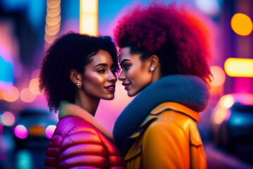 homosexual lesbian couple in love. beautiful young african american girl kisses her girlfriend. Women wearing jackets, standing in the night on street. neon violet lights. curly hairs. generative ai