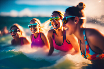 happy girlfriends having fun on summer beach. summertime season. Group of happy woman friends at sunset running, jumping in water getting wet and making splashes swimming in hot sea. generative ai