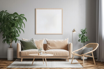 Scandinavian Living Room with Blank Horizontal Poster Frame and Earthy Tones