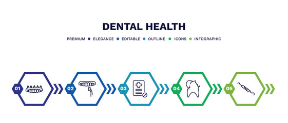 set of dental health thin line icons. dental health outline icons with infographic template. linear icons such as dental prosthesis, veneer, medical prescription, cavities, probe vector.