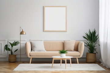 Fototapeta na wymiar Scandinavian Living Room with Blank Horizontal Poster Frame and Earthy Tones