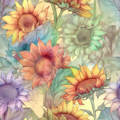 Seamless Watercolor Sunflower Pattern, Repeating Floral Background, Generative AI