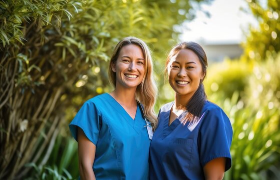 Smiling beautiful female healthcare workers looking at the camera. Generative AI