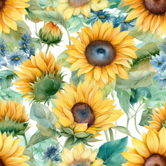 Naklejka na ściany i meble Seamless Watercolor Sunflower Pattern, Repeating Floral Background, Generative AI