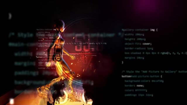3d render motion graphic animation of robot artificial intelligence angry walking with loop in black background with programming code language hud interface overlay