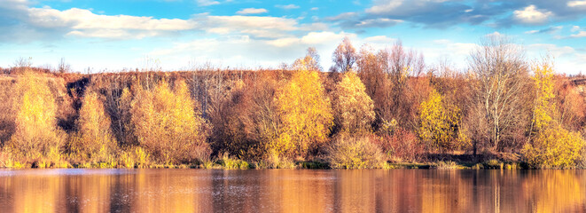 Obraz premium Autumn forest near the river on a sunny day, the reflection of trees in the water