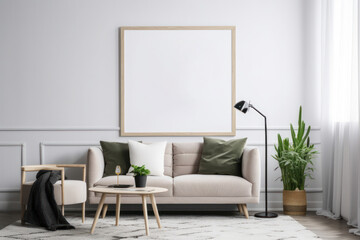 Bright Scandinavian Living Room with Blank Horizontal Poster Frame and Natural Decor