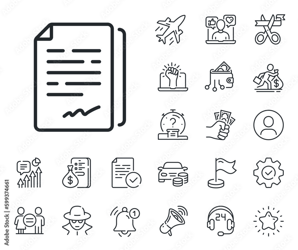 Poster agreement doc file sign. salaryman, gender equality and alert bell outline icons. document signature