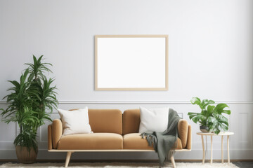 Cozy Living Room with Blank Horizontal Poster Frame and Natural Touches