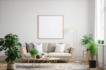 Cozy Living Room with Blank Horizontal Poster Frame and Natural Touches