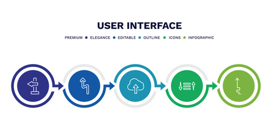 set of user interface thin line icons. user interface outline icons with infographic template. linear icons such as blank left arrow, left reverse curve, cloud upload, sorting, arrow heading up