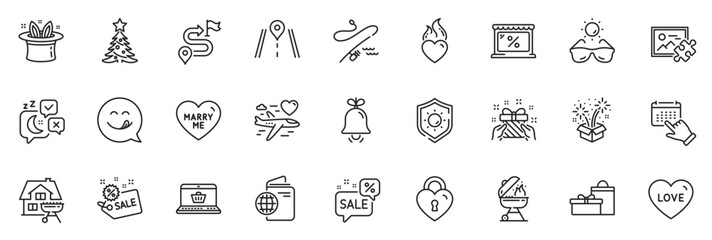 Fototapeta na wymiar Icons pack as Fishing rod, Heart flame and Grill line icons for app include Home grill, Hat-trick, Honeymoon travel outline thin icon web set. Love, Journey, Sunglasses pictogram. Vector