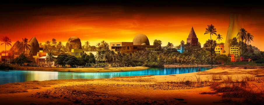 Panoramic view of Italy's architecture, monuments and culture. Dynamic collage of vibrant colors and lights creating a harmonic composition. Generative AI