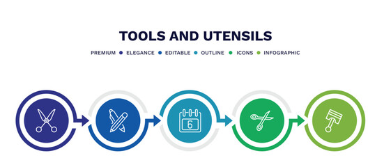 set of tools and utensils thin line icons. tools and utensils outline icons with infographic template. linear icons such as shear, writing tool, calendar with six days, open scissors, piston on