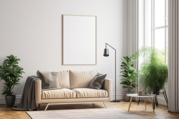 Cozy Living Room with Blank Horizontal Poster Frame and Natural Touches