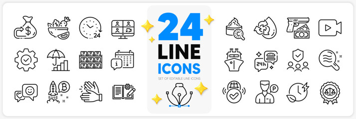 Icons set of Smile, Video camera and Food delivery line icons pack for app with Justice scales, Verified internet, Valet servant thin outline icon. Bitcoin project, Skin condition. Vector