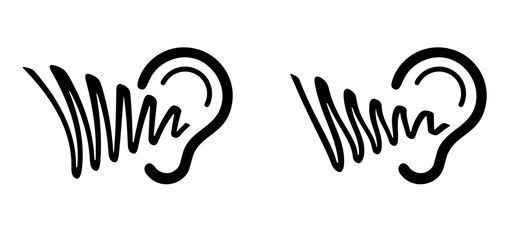 Tinnitus. Ringing in the ears. Human ear with tinnitus icon. Vector line pattern. Unbearable ringing in ears. Concept of diseases of hearing organs or neurology problems. Audiogram and audio wave.