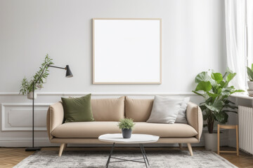 Scandinavian Living Room with Blank Horizontal Poster Frame and Botanical Accents