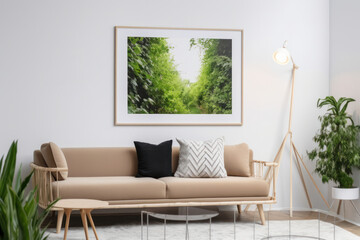Scandinavian Living Room with Blank Horizontal Poster Frame and Botanical Accents