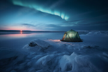 A tent in lapland at night and polar lights