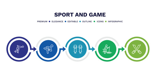 set of sport and game thin line icons. sport and game outline icons with infographic template. linear icons such as ice skating man, karate fighter, shin guards, fisher fishing, saber vector.