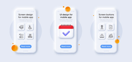 Disability, Canister oil and Lighthouse line icons pack. 3d phone mockups with calendar. Glass smartphone screen. Petrol station, Vip transfer, Cash transit web icon. Pin, Battery pictogram. Vector