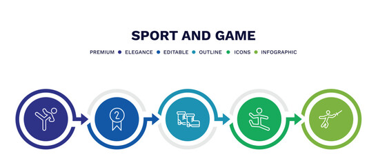 set of sport and game thin line icons. sport and game outline icons with infographic template. linear icons such as taekwondo, second prize, ski boots, dancer motion, medieval fencing vector.