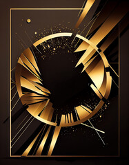 Black and gold poster design geometric element. futuristic broken ring structure material, Metallic curve geometry background, golden shimmering glitters. Abstract elegant, Generative AI, illustration