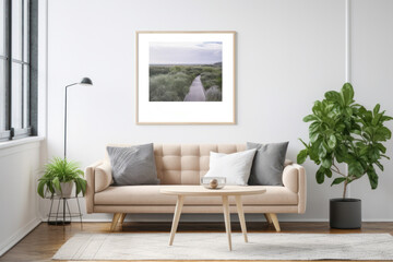 Scandinavian Living Room with Blank Horizontal Poster Frame and Botanical Accents