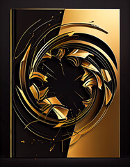 Black and gold poster design geometric element. futuristic broken ring structure material, Metallic curve geometry background, golden shimmering glitters. Abstract elegant, Generative AI, illustration