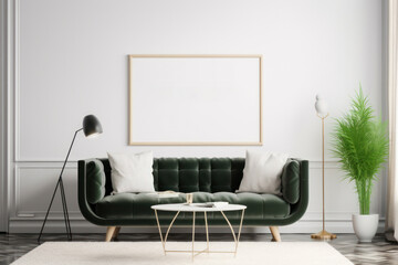 Scandinavian Living Room with Blank Horizontal Poster Frame and Botanical Accents