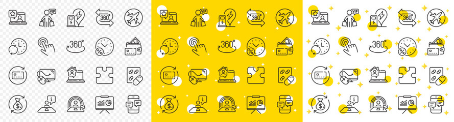 Outline Work home, 360 degree and Cursor line icons pack for web with Airplane mode, Online rating, Change money line icon. Vip shopping, Renew card, Puzzle pictogram icon. Vector