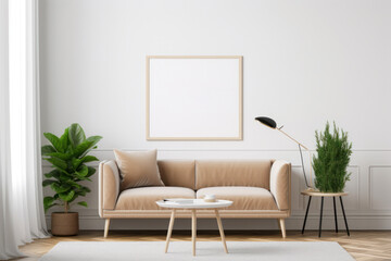 Minimalist Living Room with Blank Horizontal Poster Frame and Monochrome Decor