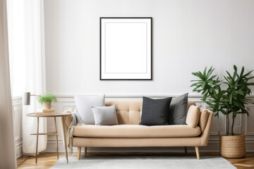 Minimalist Living Room with Blank Horizontal Poster Frame and Monochrome Decor