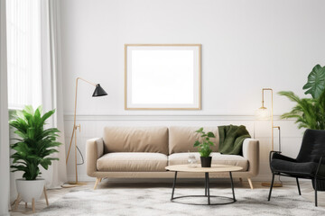 Bright Living Room with Blank Horizontal Poster Frame and Natural Elements