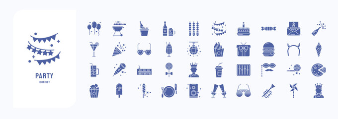 A collection sheet of solid icons for Party and New year celebration, including icons like Balloons, Barbecue, Beer box, Bunting and more