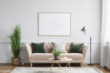 Bright Living Room with Blank Horizontal Poster Frame and Natural Elements