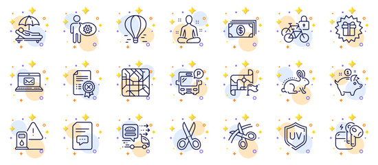 Outline set of Comments, Food delivery and Metro map line icons for web app. Include Bus parking, Uv protection, Banking pictogram icons. Headset, Destination flag, Yoga signs. Sunbed. Vector