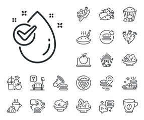 Clean aqua with check sign. Crepe, sweet popcorn and salad outline icons. Water drop line icon. Liquid symbol. Water drop line sign. Pasta spaghetti, fresh juice icon. Supply chain. Vector