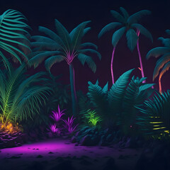 Neon Futuristic Modern Fresh Summer Night Club  Beach Sand And Ocean Tropical Palm Plant Podium Stage Dance Party Lights Generative Ai Illustration